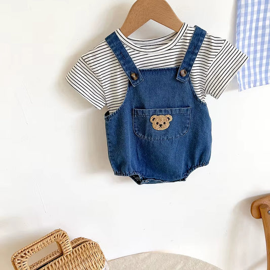  Toddler Outfit Set - Adorable Striped T-Shirt & Denim Overalls for Boys and Girls