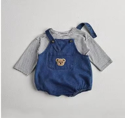  Toddler Outfit Set - Adorable Striped T-Shirt & Denim Overalls for Boys and Girls