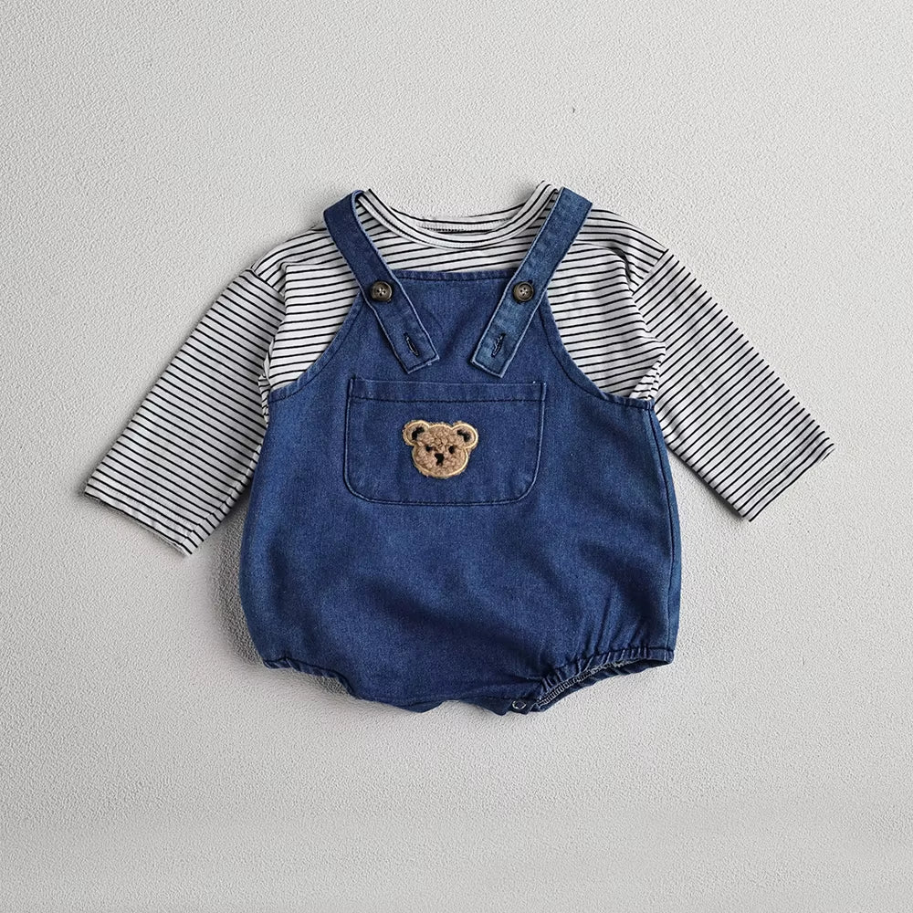  Toddler Outfit Set - Adorable Striped T-Shirt & Denim Overalls for Boys and Girls