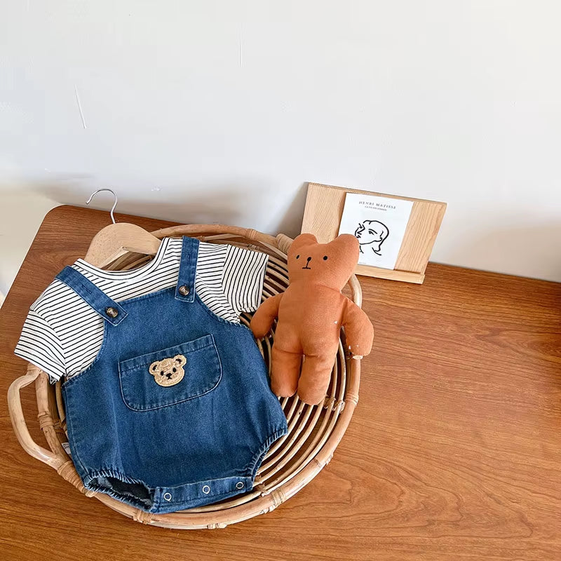  Toddler Outfit Set - Adorable Striped T-Shirt & Denim Overalls for Boys and Girls