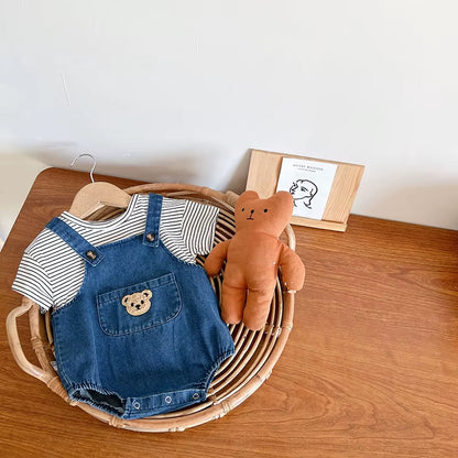  Toddler Outfit Set - Adorable Striped T-Shirt & Denim Overalls for Boys and Girls