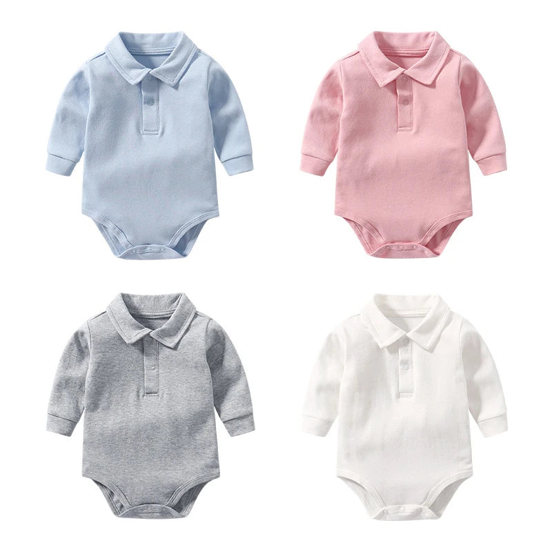 Chic 100% Cotton Long Sleeve Polo Bodysuit for Baby Boys - Ideal for Spring & Autumn (0-24 Months)