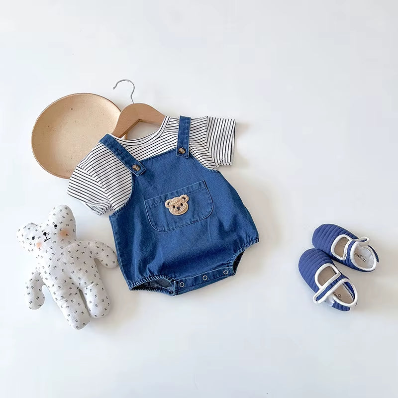  Toddler Outfit Set - Adorable Striped T-Shirt & Denim Overalls for Boys and Girls