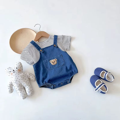  Toddler Outfit Set - Adorable Striped T-Shirt & Denim Overalls for Boys and Girls